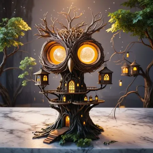 Envision an intricately detailed, fantastical treehouse in the shape of an owl. The high-resolution representation should contain a blend of hues, dominated by orange and dark brown, arranged accordin