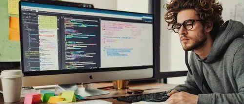 Instagram app, coding scene, programmer, young adult, male, messy hair, glasses, casual wear, hoodie, jeans, sneakers, sitting, desk, laptop, multiple monitors, coding interface, lines of code, keyboa