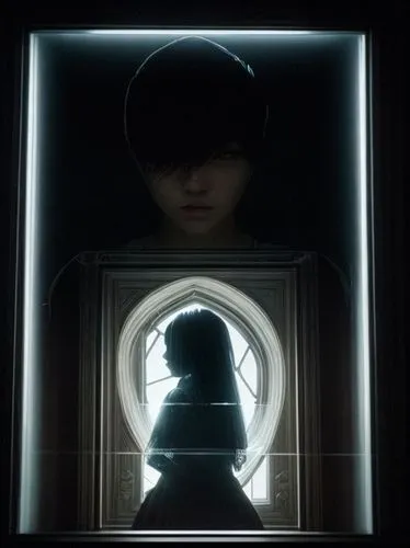 Dark eyeless instance with opened window leading to other personas,shadowbox,vitrine,a dark room,looking glass,spy visual,dark portrait,black hat,magic mirror,virtual identity,the mirror,doll looking 