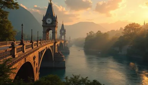 Historic bridge, grandiose balustrades, intricate stone carvings, ornate metal railings, elegant arches, majestic pillars, river flowing beneath, sunset time, warm golden light, vibrant greenery, lush