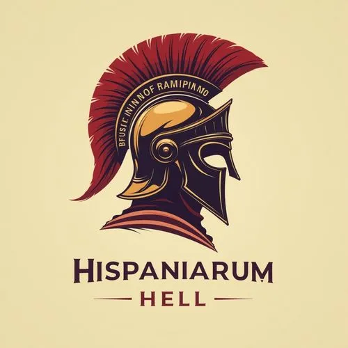 Logotipo minimalista de un casco romano y que en la parte inferior este escrito " Hispaniarum Hell " y con colores cálidos,a roman warrior's helmet with the slogan hispanirum hell,hispano,hispanola,hi