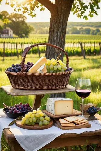 French countryside, rustic wooden table, wicker basket, soft golden light, afternoon, warm atmosphere, wheels of brie cheese, fresh grapes, crackers, wine bottle, cheese knife, wooden cutting board, v