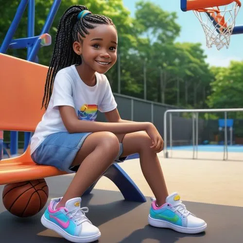 cute, 10 year old, African American, female, hairstyle in black boxbraids in a ponytail, wearing jean shorts and a white t-shirt, colorful sneaker, BACKGROUND sitting on a bench at the basketball cour