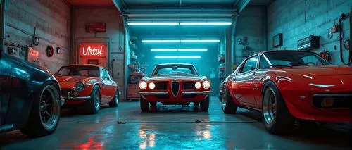 vintage Italian car maintenance garage,two very nice looking cars in the garage,garage,garages,porsches,underground garage,roadsters,vintage cars