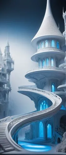 ice castle,fantasy city,fractal environment,ice landscape,futuristic landscape,futuristic architecture,fantasy picture,arcology,3d fantasy,fantasy landscape,asian architecture,wonderlands,icewind,imaginarium,ice planet,fantasy world,white temple,imaginationland,dreamlands,fractal art,Illustration,Retro,Retro 25