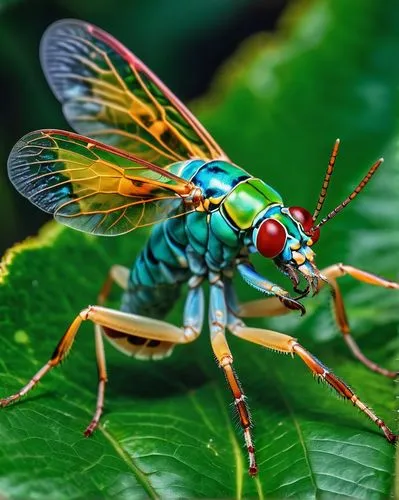 An insect with butterfly wings like fake eyes that is colorful in the way that a mantis shrimp would see the world, sitting on a leaf drinking from a cup of tea,gescartera,cicada,cicadas,neuroptera,si