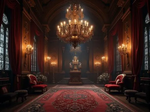 Luxurious interior, gothic elegance, grand chandelier, intricate stone carvings, dark wood paneling, velvet drapes, ornate furniture, mysterious ambiance, warm candlelight, dimly lit, majestic archway