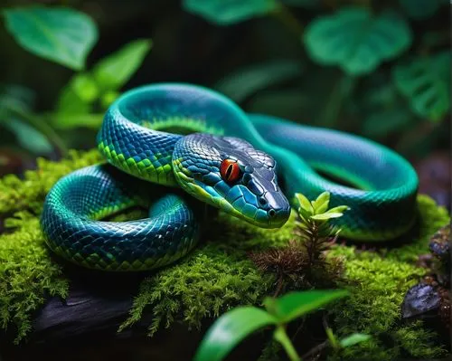 Transparent snake, reptile, slithering movement, shiny scales, greenish-blue color, tropical forest, vines entwined trees, misty atmosphere, warm lighting, macro shot, shallow depth of field, vibrant 