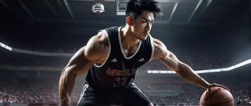 Muscular man, Ryohei Hase, 30s, athletic build, short black hair, intense eyes, strong jawline, small scar above left eyebrow, sleeveless shirt, sporty pants, sneakers, basketball court, indoor stadiu