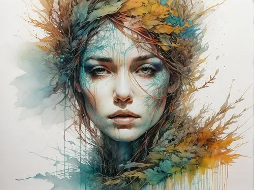 rone,pacitti,boho art,watercolor paint strokes,dryad,dussel,unseelie,jeanneney,seelie,boho art style,splintered,vidarte,watercolor pencils,viveros,bohemian art,mystical portrait of a girl,coomber,watercolor painting,girl in a wreath,eckmann,Illustration,Paper based,Paper Based 13