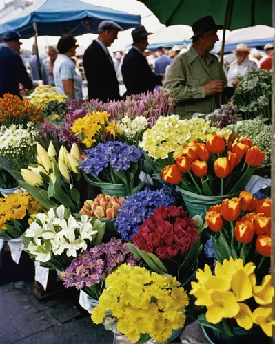 Describe a vibrant farmers market filled with an array of mixed flowers.,farmers market flowers,flower booth,flower stand,farmers market mixed flowers,market stall,namdaemun market,farmer's market,flo