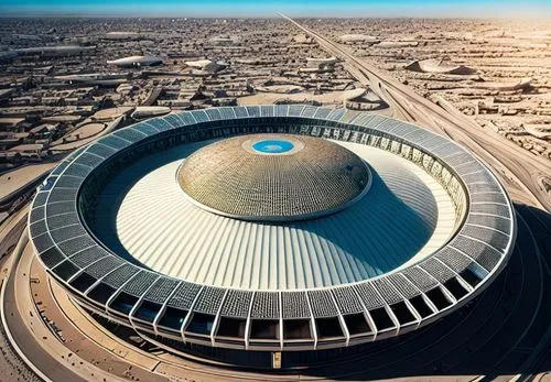 A futuristic stadium on Venus, among futuristic city on sandy lands,stadium falcon,tianjin,dome,musical dome,olympiaturm,cooling tower,abu-dhabi,dome roof,khobar,abu dhabi,roof domes,khartoum,futurist