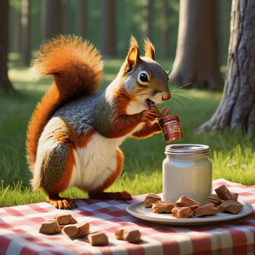 Craft a whimsical narrative about a mischievous squirrel stealing a jar of nut-nougat cream from a picnic.,hungry chipmunk,acorns,small animal food,almond meal,squirell,eurasian red squirrel,pine nuts