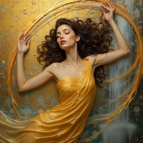 godward,flounce,jingna,oshun,scherfig,art deco woman,bergersen,adagio,perfumer,dawnstar,pantene,sirena,yellow rose background,sigyn,yellow orange,gold filigree,harpist,evgenia,gold leaf,yellow,Photography,General,Realistic