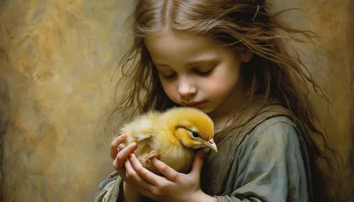duckling,tenderness,young duck duckling,baby chick,oil painting on canvas,baby chicks,oil painting,girl with bread-and-butter,chicks,ducklings,golden heart,ducky,pullet,poultry,chick,child portrait,duck cub,dove of peace,birds with heart,chicken chicks,Illustration,Realistic Fantasy,Realistic Fantasy 14