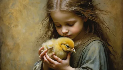 Write a heartwarming scene of a little girl gently holding a baby chick in her hands, overwhelmed with love.,duckling,tenderness,young duck duckling,baby chick,oil painting on canvas,baby chicks,oil p