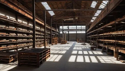 Industrial warehouse, rusty metal beams, concrete flooring, rows of shelves, steel pillars, dim fluorescent lighting, old wooden crates, scattered tools, metal ladders, worn conveyor belts, dusty air,