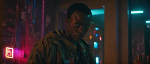 Sudanese refugee Bol (Sope Dirisu) cautiously turns on the lights in a room with ragged, peeling walls in the Netflix movie His House,cyberpunk,lando,valerian,electro,80s,futuristic,abel,zion,vertigo,