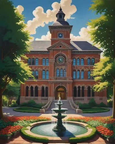 Modern msstate architecture, grandiose building, intricate stone carvings, majestic clock tower, stained glass windows, symmetrical façade, ornate doorways, lush greenery surrounding, vibrant flowers 