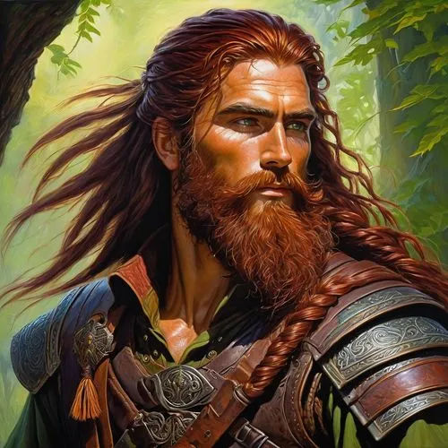 Full Body, Side Profile, oil painting, fantasy, a human man with Long braided Dark Red hair and long dark red beard tied with light green eyes, ((handsome detailed face and eyes)), Barrel chested Warr