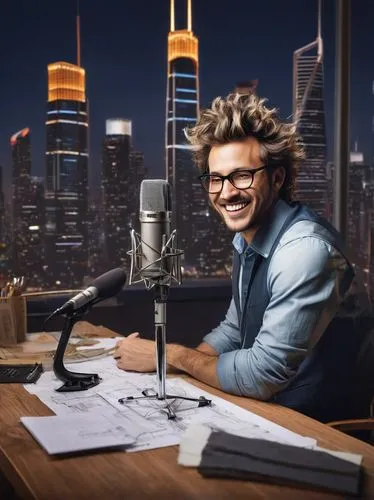 Microphone, studio, minimalist background, wooden desk, modern chair, male host, 30s, casual wear, glasses, messy hair, smiling face, enthusiastic gestures, architectural model, blueprints, drafting t