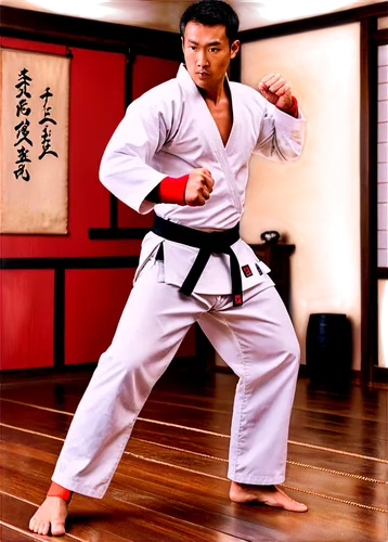 Martial arts scene, Karate training, Japanese dojo, wooden floor, tatami mats, Karate gi uniform, black belt, strong muscular man, intense facial expression, sweaty skin, dynamic pose, punching, kicki