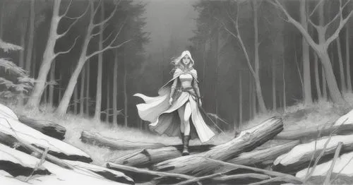 sketch, woman, forestry background, black and white,a girl in the snow in front of a forest,ballerina in the woods,mononoke,mirkwood,in the forest,dryad,elven forest,forest walk,white fox,the forest,e