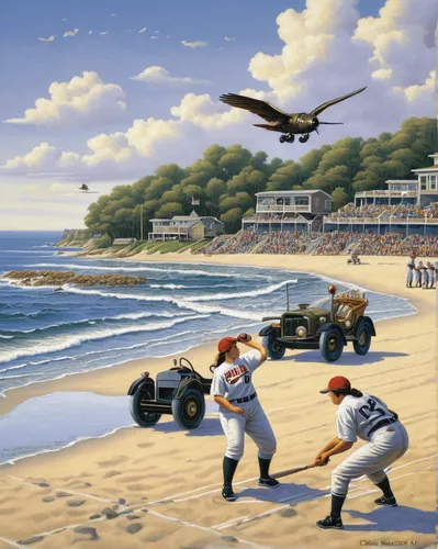 packard caribbean,world war ii,vintage base ball,bat-and-ball games,beach defence,blue jays,baseball team,second world war,wwii,game illustration,american baseball player,dday,baseball park,flying sea gulls,ford motor company,vintage art,baseball umpire,edsel,seaside resort,hudson hornet,Conceptual Art,Daily,Daily 33