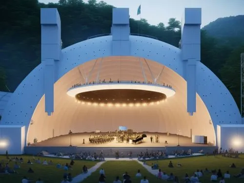 render of outdoor concert dome space with a field surrounding the space. include the Mer Des Dieux logo somewhere on the dome.,a concert performance at the end of a stage,bandshell,concert stage,goeth