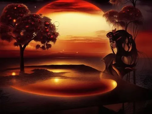  nude Beautiful japanese girl, full dark curly hair, big dark almond eyes, full red lips, misty sky
,two trees standing near the edge of the lake and a red sun, silhouette,dusk background,art backgro