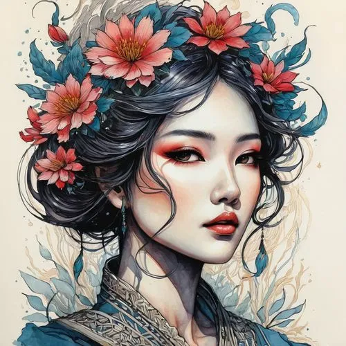 kommuna,geisha girl,geisha,viveros,oriental princess,oriental girl,Illustration,Japanese style,Japanese Style 09