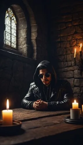 vigil,candlemaker,fortune teller,portrait background,investigator,man praying,hooded man,mafia,dark portrait,candle wick,candlelight,archimandrite,assassin,watchmaker,pilgrim,gothic portrait,digital compositing,scholar,monk,black candle,Photography,Fashion Photography,Fashion Photography 17