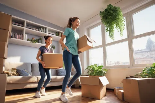 1girl, step-sister, moving boxes, casual clothing, jeans, t-shirt, sneakers, ponytail, smiling, helpful gesture, apartment interior, cardboard boxes, sofa, bookshelf, plants, sunlight through window, 