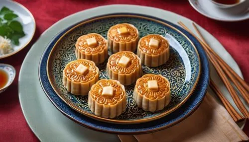 Mooncakes Pastry filled with sweet or savory paste served in very beautiful chinese traditional plate.,north vietnamese spring rolls,spring rolls,lumpia,durian spring roll,bánh bao,xiaolongbao,tamale,