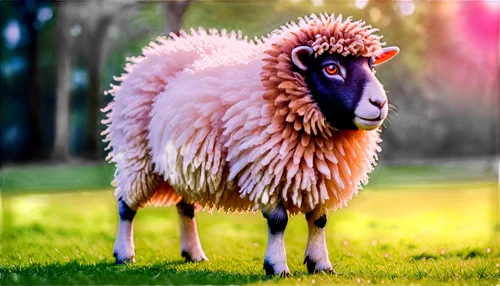 Fluffy sheep, white fur, cute face, green grass background, solo, standing, morning dew, soft sunlight, 3/4 composition, shallow depth of field, warm color tone, cinematic lighting, gentle pose, natur