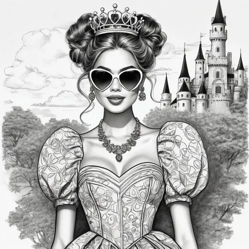 disneyfied,fantasyland,noblewoman,fairy tale character,queen of hearts,princess sofia,Illustration,Black and White,Black and White 30