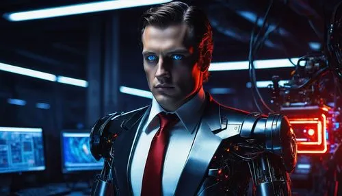 cyborg,neon human resources,terminator,cybernetics,suit actor,the suit,cyber,cyberpunk,3d man,man with a computer,artificial intelligence,cable,futuristic,engineer,digital compositing,men's suit,barebone computer,robot icon,night administrator,ceo,Illustration,Realistic Fantasy,Realistic Fantasy 32