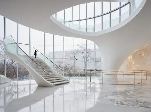 Junya Ishigami architecture, modern museum, white concrete structure, curved lines, minimalist design, large glass windows, natural light pouring in, abstract art installations, marble floors, sleek m