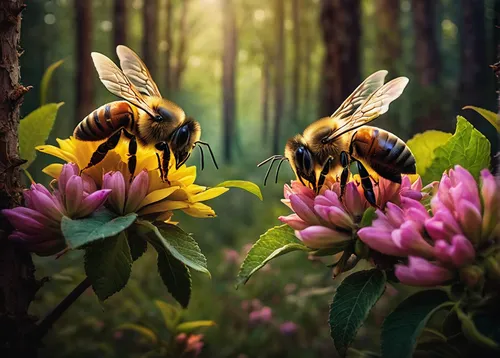 Two bees pollinating colorful blossoms in a lush forest.,bumblebees,honeybees,honey bees,two bees,bees,bee,wild bee,beekeeping,western honey bee,beekeepers,pollinating,pollination,bombus,pollinate,pol