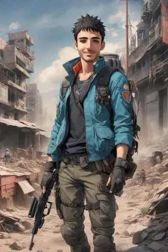 a man in blue jacket holding gun next to rubble,bsaa,postapocalyptic,samguk,akihiro,kaidan,hondros,Digital Art,Anime