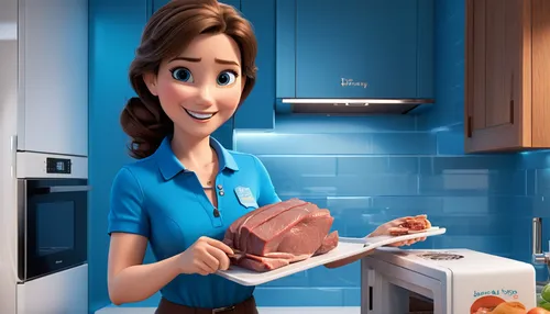 woman holding pie,girl in the kitchen,animated cartoon,cute cartoon image,corned beef,food preparation,ratatouille,cute cartoon character,food and cooking,lorne sausage,ground turkey,meat cutter,meat carving,cooking show,ground meat,digital compositing,chef,milanesa,beef mince,bologna sausage,Unique,3D,3D Character