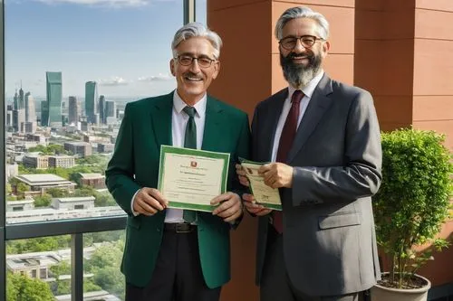 Masters, middle-aged men, standing, hands behind back, glasses, gray hair, beard, white shirts, dark green suits, black trousers, leather shoes, holding certificates, smiling, confident, proud, green 