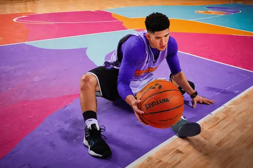 Create a peaceful wallpaper with a serene image of Devin Booker on a sunlit basketball court.,basketball player,scottie dog,guarding,parquet,basketball,photo shoot on the floor,kareem,dribbling,cauder