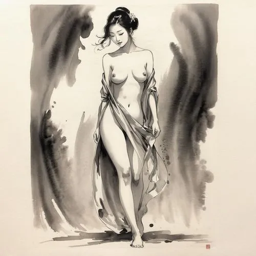 frazetta,domergue,ink painting,bocek,woman walking,charcoal drawing,charcoal,tusche indian ink,danseuse,figure,girl in a long dress,musidora,dryad,nightdress,woman silhouette,girl in cloth,isadora,gouache,art deco woman,advertising figure,Illustration,Paper based,Paper Based 30