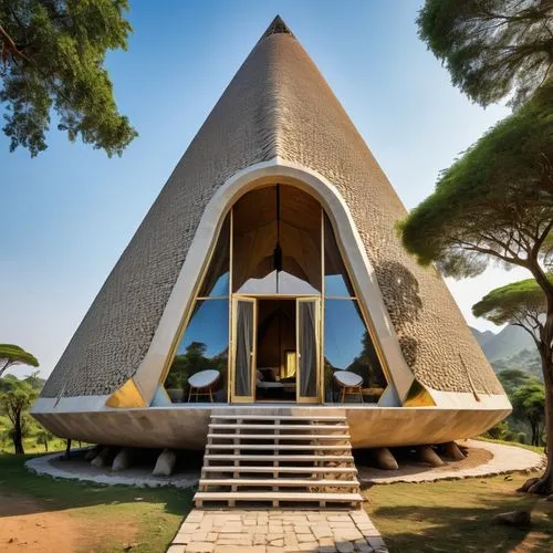 treehouse glamping, luxury, colombian mountains, small, futuristic, hightech, spaceship, tiny home, small house, zaha hadid, looking from the outside, very small glamping,a home made of concrete and s