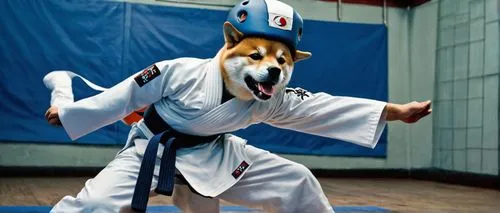 Shiba Inu, Taekwondo athlete, male, athletic build, black belt, white dobok, helmet, mouthguard, kicking pads, standing in a fighting stance, confident expression, focused eyes, sweaty skin, indoor ma