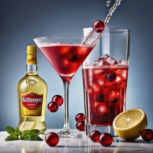 advertising poster; backdrop a mix of red icecupe, fed flowng liquid, small bubbles, right hand a "Schweppes" glas bottle, and a glass with long stem and liquid in it, belwo in fat yellow letters diag