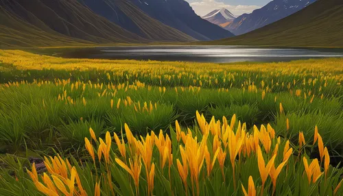 salt meadow landscape,the pamir mountains,mountain meadow,landscape background,lilies of the valley,the valley of flowers,tibet,alpine meadow,grasslands,mountain pasture,mountain landscape,badakhshan national park,andes,yellow grass,meadow landscape,nature landscape,mountainous landscape,new zealand,pamir,beautiful landscape,Conceptual Art,Oil color,Oil Color 16