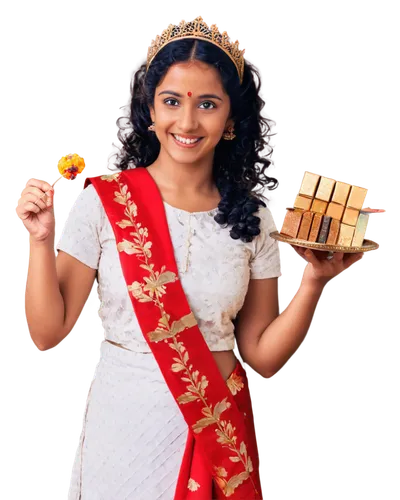 Happy Baisakhi festival, girl, traditional Bengali dress, red and white saree, golden jewelry, bindi, solo, smiling face, bright eyes, curly black hair, flowers in hair, holding plate of sweets, outdo