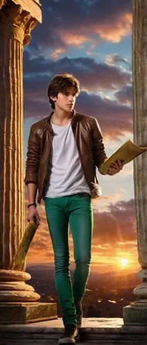 Percy Jackson, prophecy maker, teenage boy, messy brown hair, bright green eyes, worn jeans, white T-shirt, leather jacket, holding a magical scroll, standing in front of a mystical ancient Greek temp